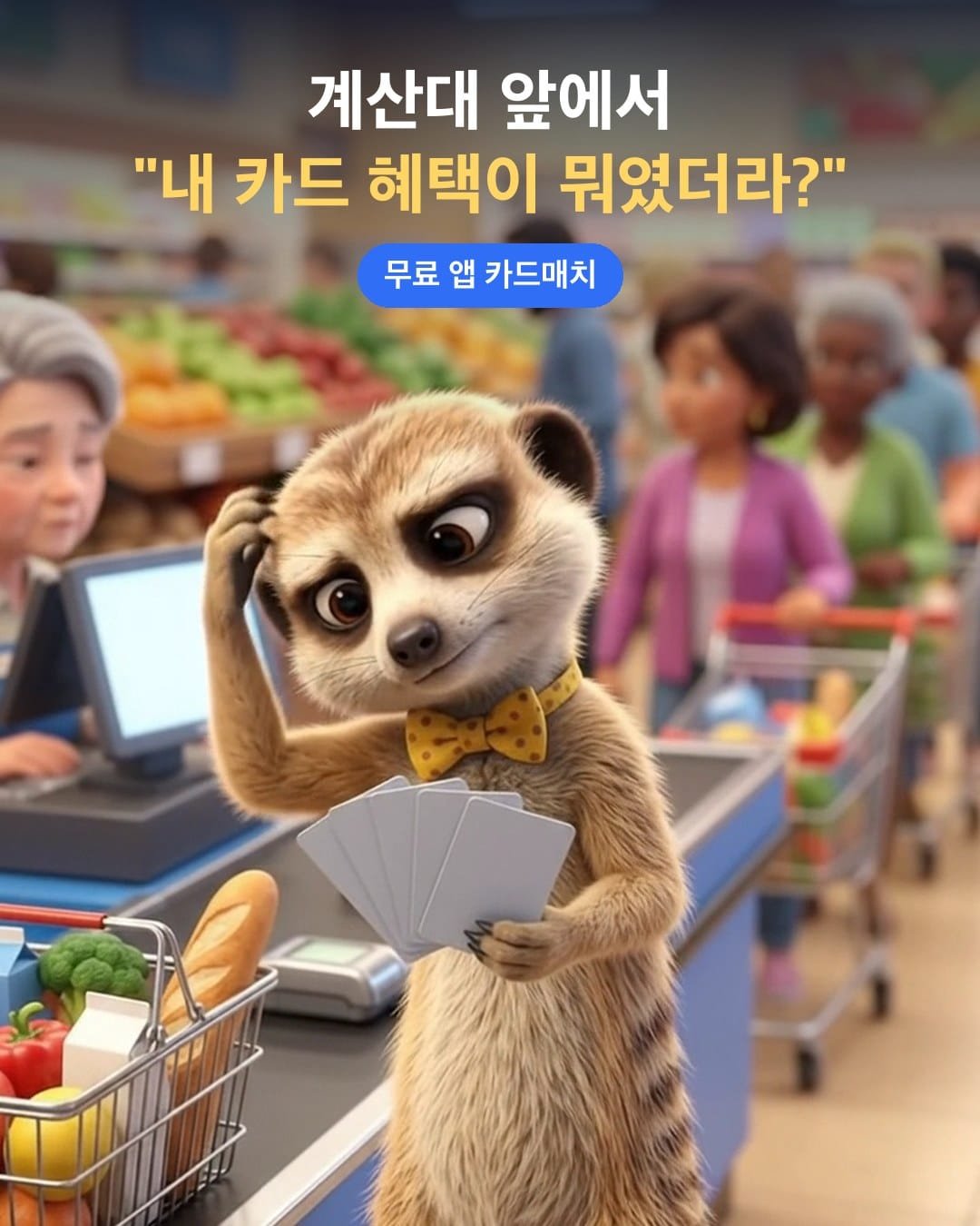 계산대 앞에서 카드를 들고 고민하는 미어캣 캐릭터